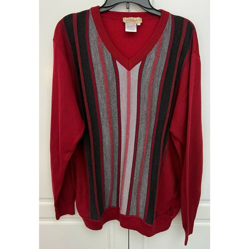 Vintage Montechiaro Italy Men's Sweater XL Red/Gray Stripe V Neck Wool Blend
